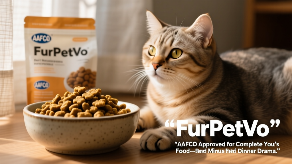 Close-up of FurPetVo packaging showing the AAFCO statement, a bowl of kibble, and a happy cat nearby