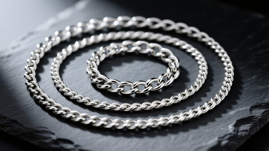 Close-up of 925 sterling silver chains including rolo, cable, and figaro styles coiled neatly on a dark slate jeweler's bench.
