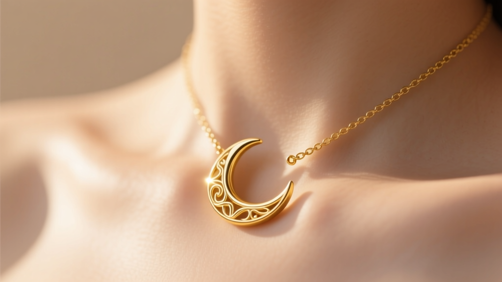 Close-up of a delicate 18k yellow gold crescent moon pendant resting on a collarbone, illuminated by soft warm sunlight.