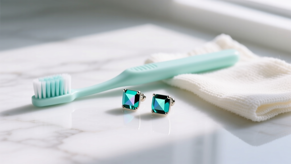 Soft baby toothbrush and microfiber cloth beside anodized titanium teal stud earrings resting on a clean white marble surface.