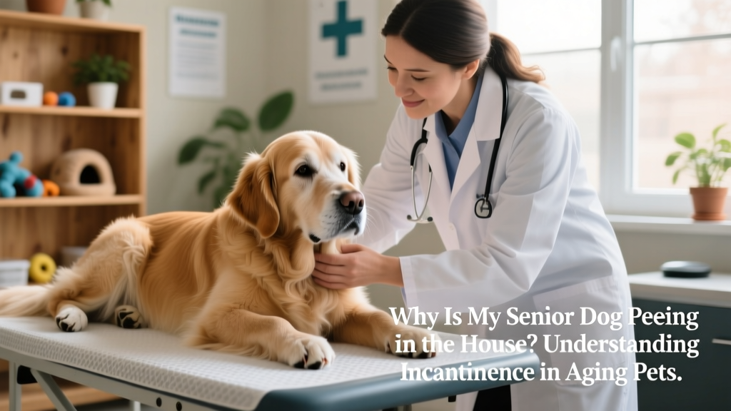 Veterinarian gently examining a calm senior dog during a routine wellness checkup