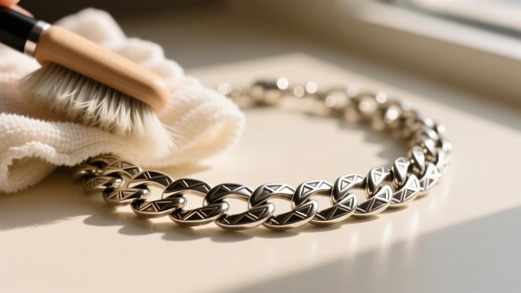 A soft microfiber cloth gently polishing a vintage 1980s Avon chunky chain necklace, highlighting the intricate link details.