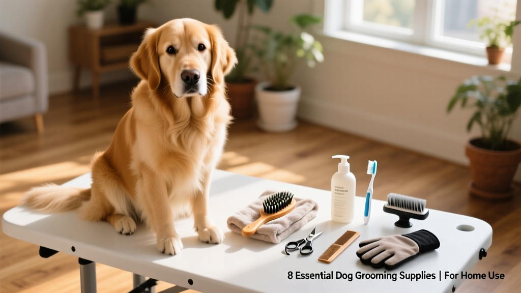 Happy dog sitting calmly on a grooming table with a brush and towel nearby, looking relaxed and well-groomed
