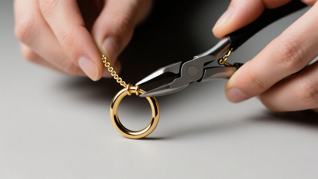 Close-up of a jeweler using chain-nose pliers to attach an 18-gauge gold jump ring to a delicate spring ring necklace clasp.