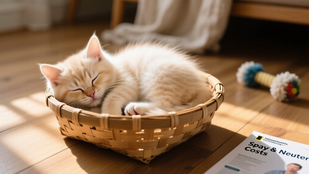 A fluffy kitten sleeping peacefully in a woven basket