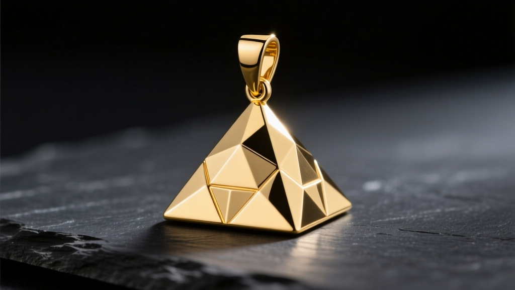 Close-up of a polished 14k yellow gold pyramid necklace pendant resting on dark slate under soft, directional studio lighting.