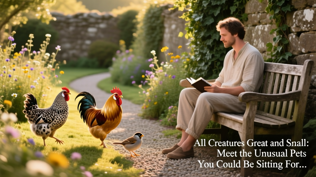 Four chickens roaming freely in a lush garden with a sitter nearby
