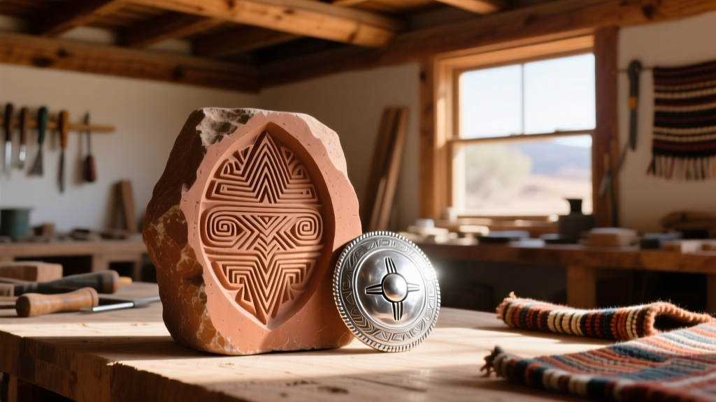 Carved tufa stone mold with Navajo designs next to a finished cast silver concho piece in a sunlit artisan workshop environment.