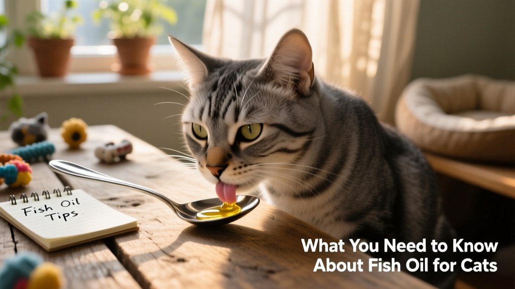 Close-up of a cat licking fish oil from a spoon, showing calm engagement with the supplement