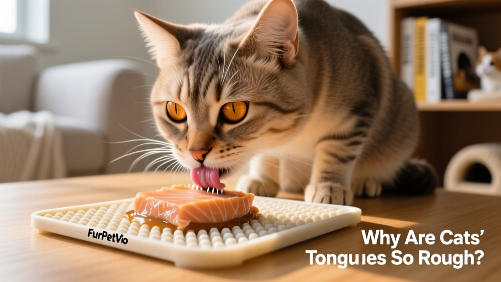 Cat using a FurPetVo silicone lick mat with soft food spread across its textured surface