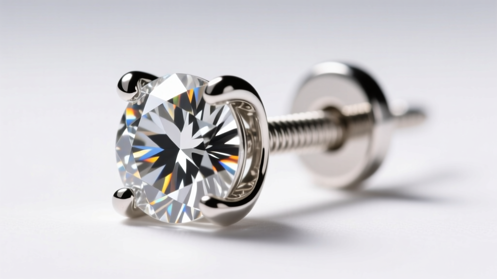Macro view of a 4-prong basket setting securing a round diamond, highlighting the threaded post and screw-back earring mechanism