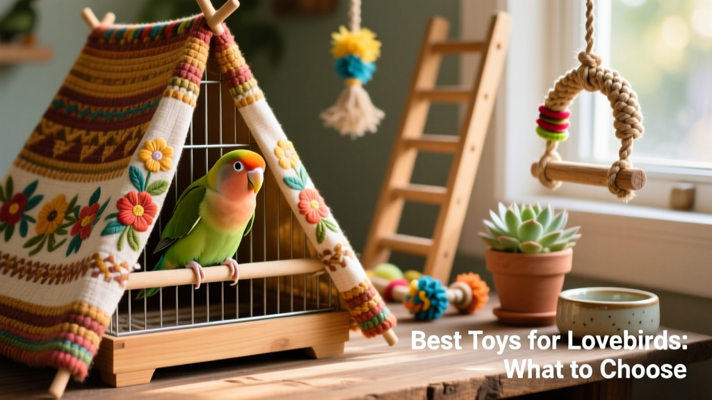 A lovebird peeking out from a colorful fabric tent attached to a cage perch