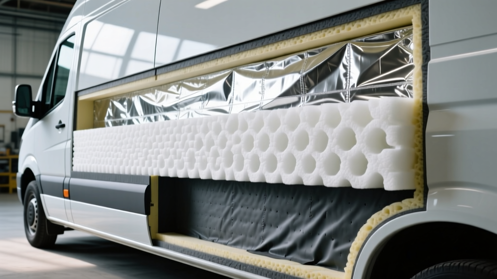 Cross-section of a van wall revealing layers of butyl deadener, closed-cell polyethylene foam, and reflective radiant barrier insulation