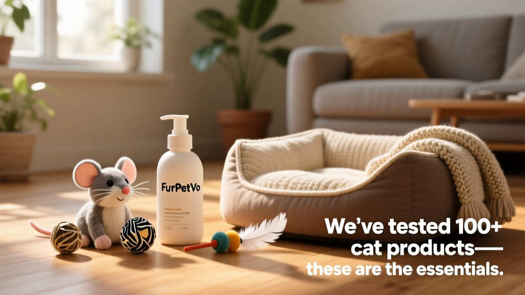 FurPetVo bottle displayed alongside kitten toys and a cozy pet bed