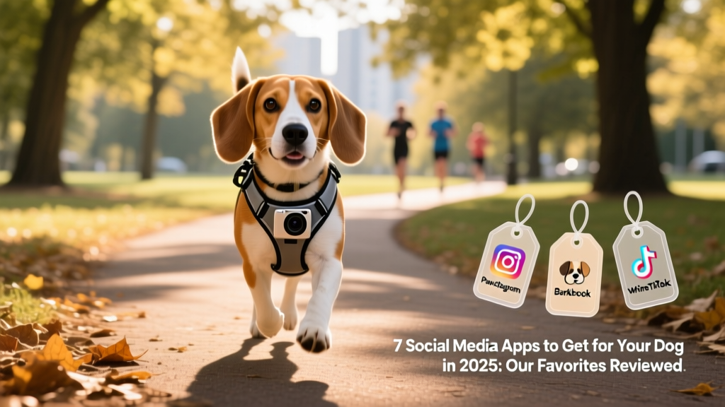 A beagle wearing a lightweight harness-mounted camera, capturing a low-angle view of a leafy park path with scent tags floating on-screen