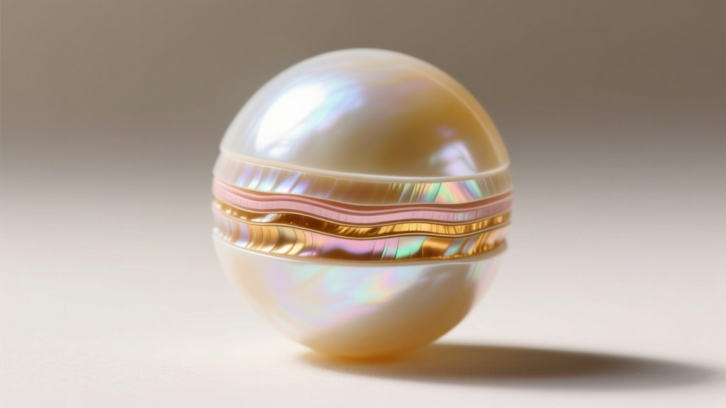 Cross-section of an Edison pearl showing thick nacre layers over a round shell bead, illuminated by soft, warm directional lighting.