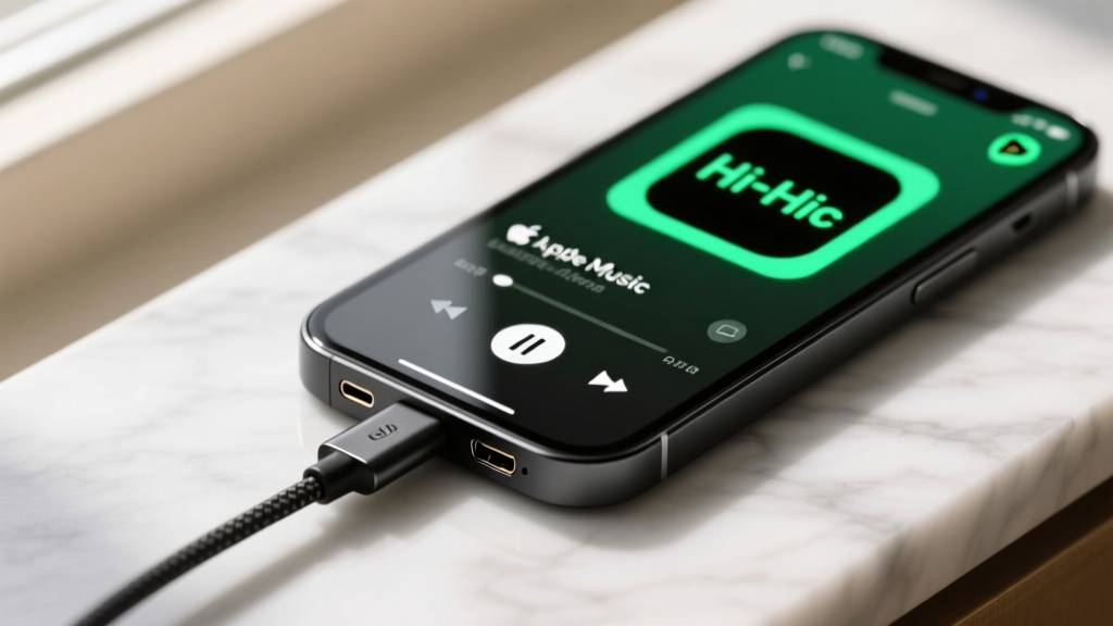 Close-up of a USB-C portable DAC connected to an iPhone 16, displaying the Apple Music Lossless audio interface with a glowing Hi-Res badge on screen.