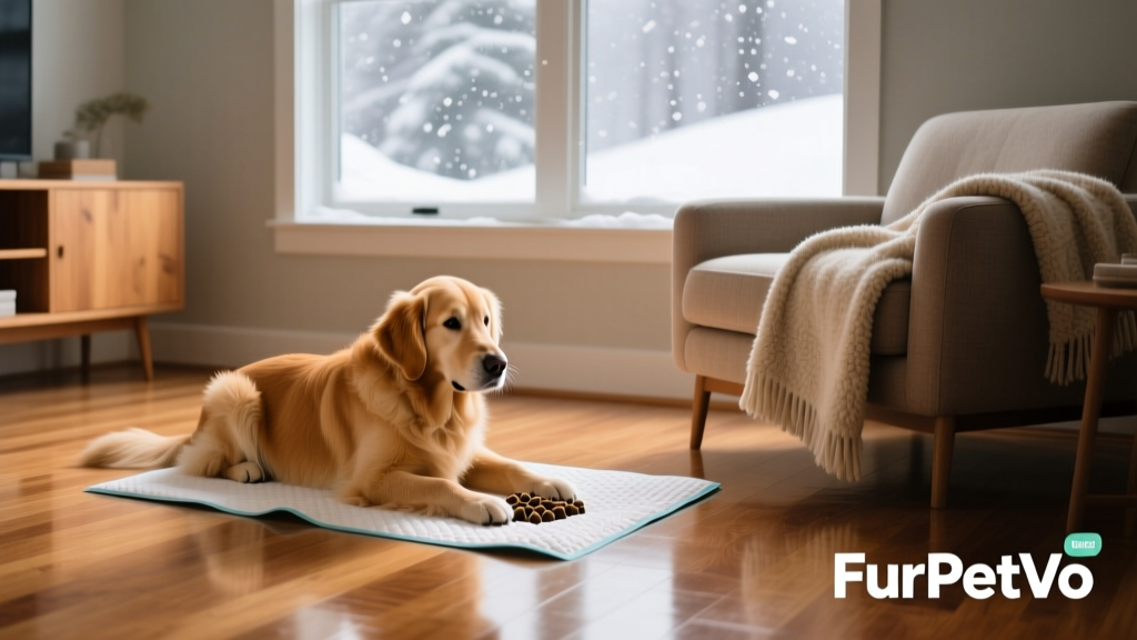 A dog using a FurPetVo pee pad indoors on a hardwood floor near a sunny window