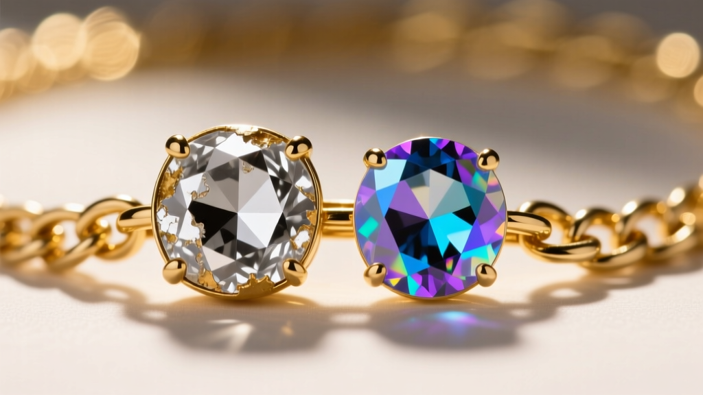 Close-up of degraded foil rhinestone next to a pristine aurora borealis crystal on a gold-tone fashion chain necklace link.