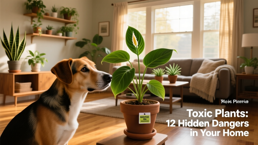 A living room with several common houseplants on shelves and tables, while a curious dog sits nearby—highlighting potential exposure risk