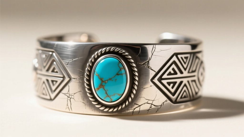 Macro shot of a heavy gauge 925 sterling silver cuff bracelet with bezel-set turquoise stone and hand-stamped rustic motifs