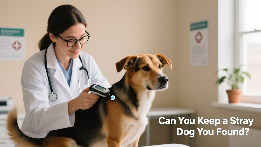 A veterinarian gently scanning a calm dog’s shoulder for a microchip, with a kind expression and clean clinic background