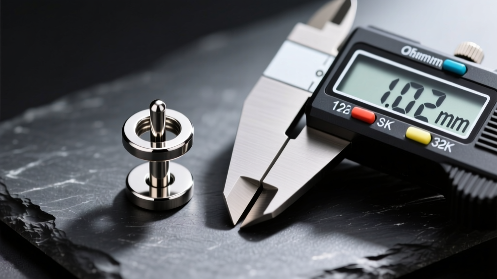 Macro shot of a polished titanium labret stud on dark slate, beside a digital caliper measuring the 18-gauge post thickness.