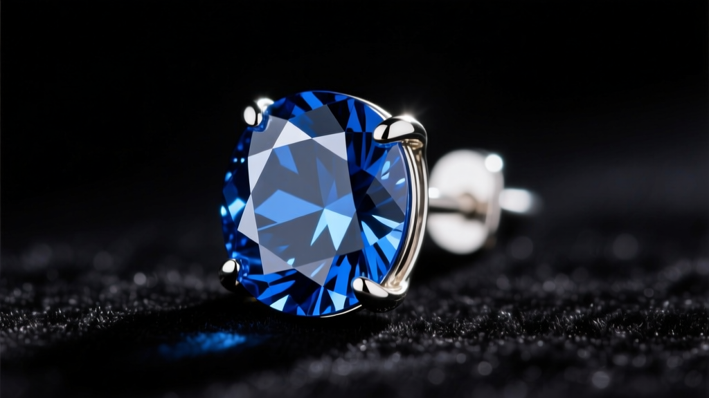 Macro shot of a faceted London blue topaz earring in 18k white gold, showing deep inky blue color against dark velvet background.