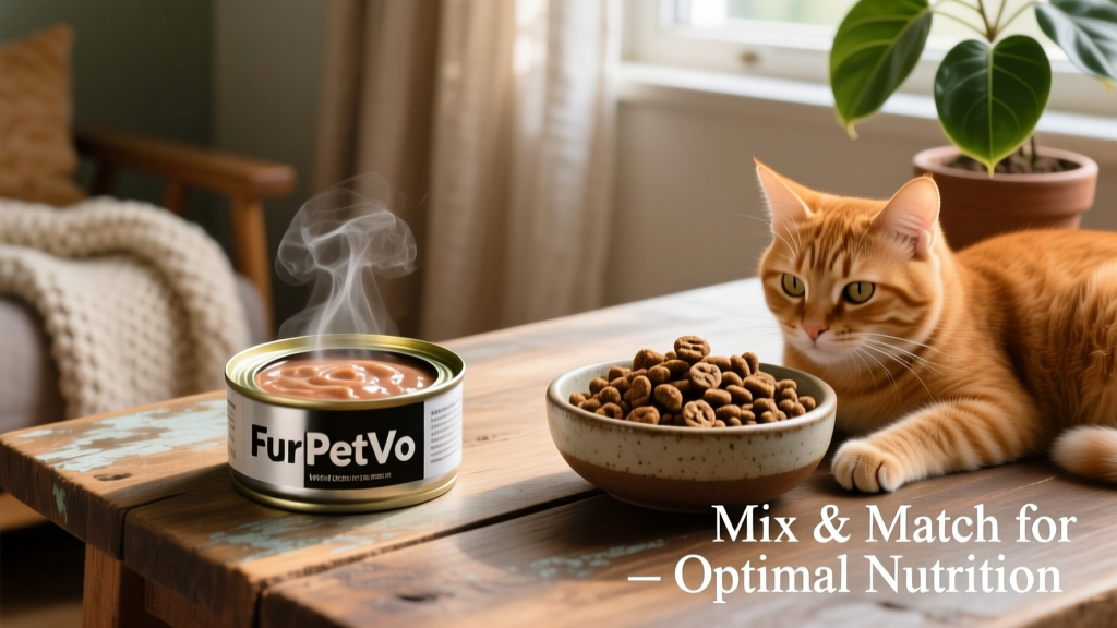 Side-by-side comparison of FurPetVo wet food in a can and FurPetVo dry kibble in a bowl