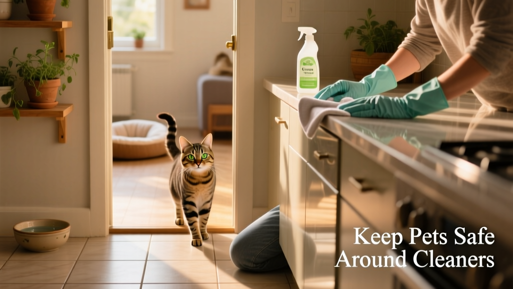 A cat watching from a doorway while a person wipes down a countertop with gloves on