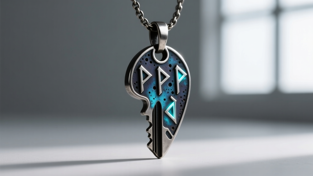 Side profile of an antiqued zinc alloy anime key necklace showing dark liver of sulfur patina settled into engraved runes.