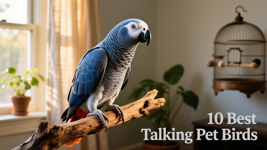 Congo African Grey perched confidently on a natural wood perch, alert and attentive