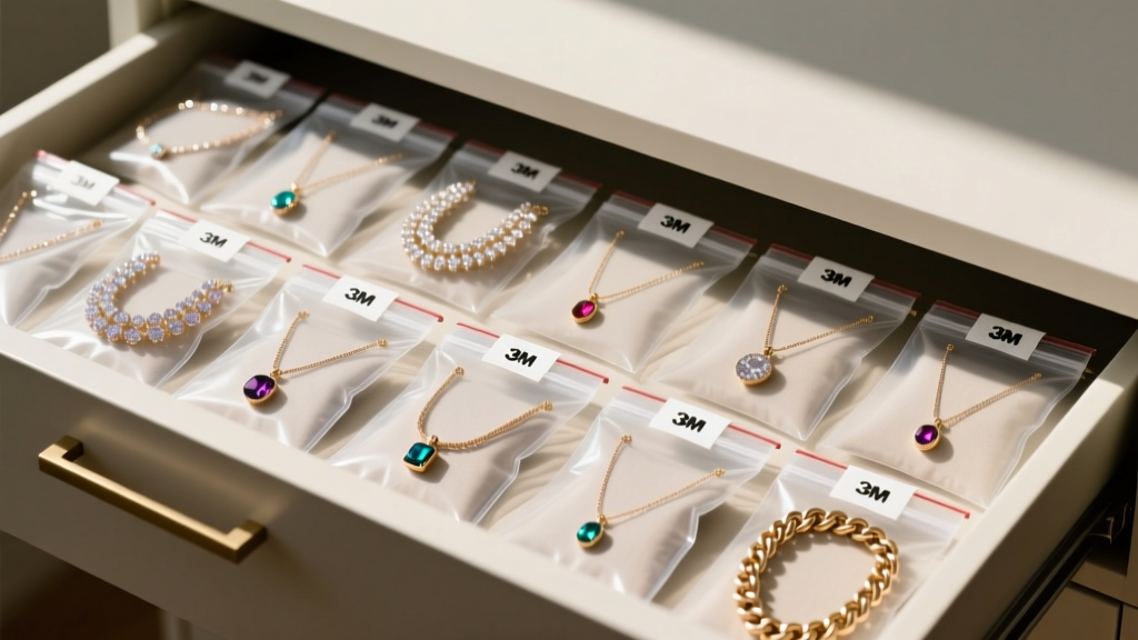Organized jewelry drawer showing polyethylene zip bags containing fashion necklaces alongside small 3M anti-tarnish paper strips.