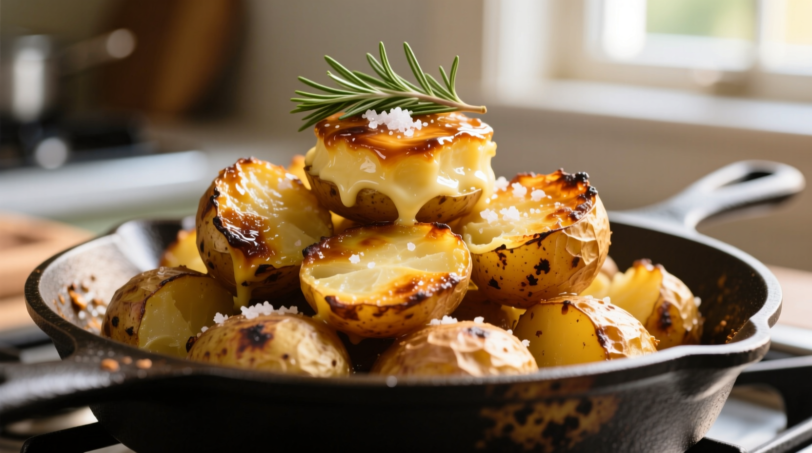 Golden fondant potatoes with crispy edges in cast iron skillet