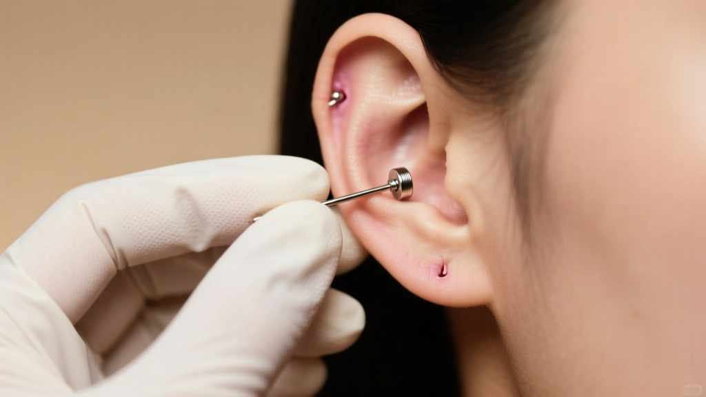 Gloved hands inserting a 16g titanium flat-back earring into a healed helix piercing under soft, warm studio light