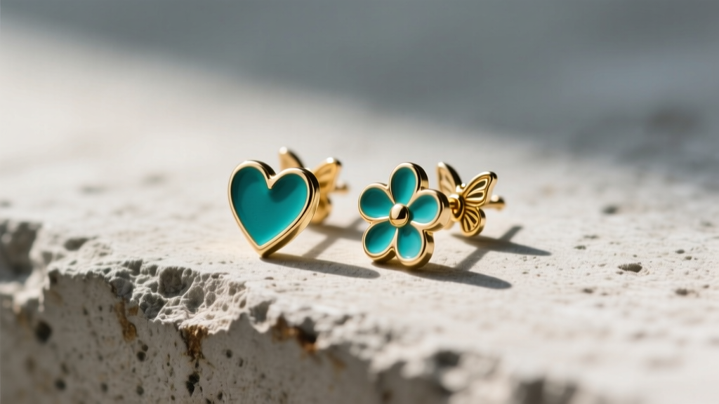 Flat lay of brass-based enamel heart and flower earrings on concrete, showing the 20-gauge post and butterfly clutch mechanism