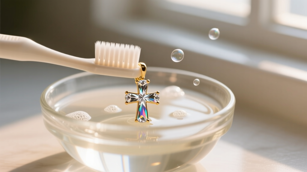 Soft-bristled toothbrush gently scrubbing a cloudy CZ cross pendant in a small glass bowl of warm water and mild liquid dish soap.