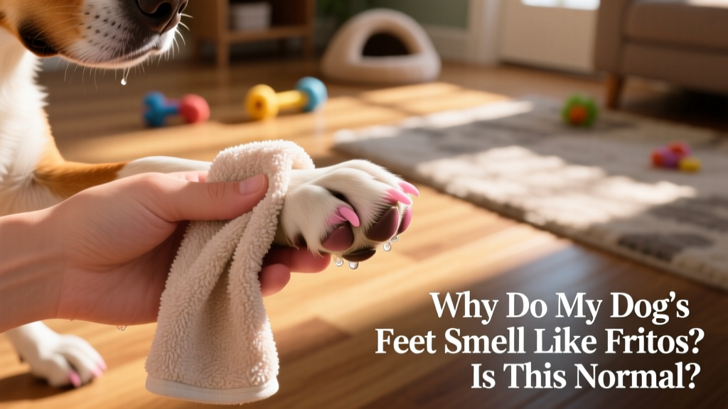 Hand gently drying a dog's paw with a soft microfiber towel, focusing on spaces between toes