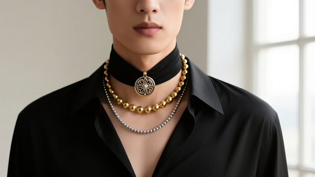 Person wearing a layered stack with a delicate gold ball chain, a silver bead chain, and a thick pendant chain over a dark shirt.