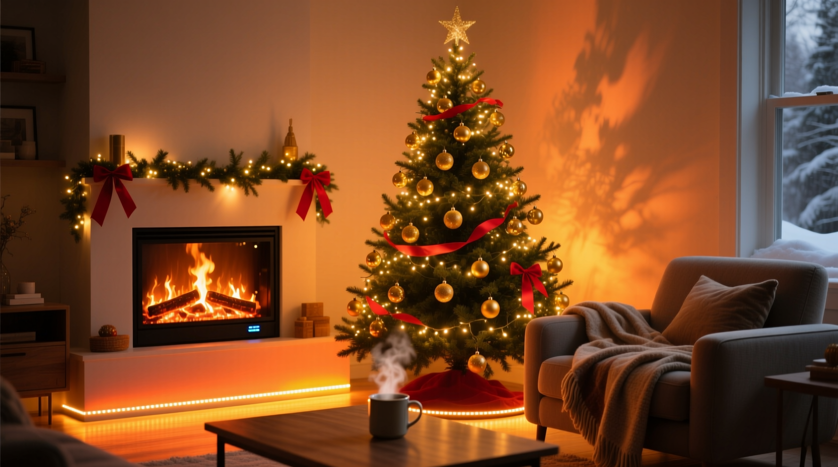 how to use smart lights to mimic a fireplace glow under the christmas tree