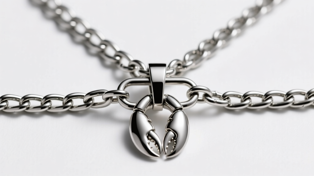 Overhead view of a stainless steel box chain attached to a breathing pendant, highlighting the secure lobster clasp mechanism.