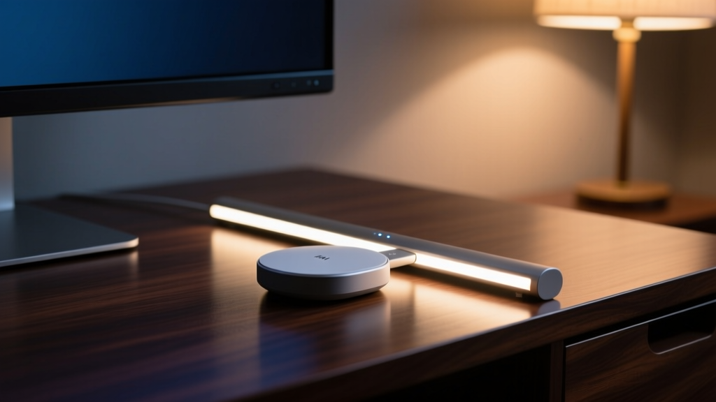 Close-up of a wireless puck controller adjusting the brightness of a Xiaomi monitor light bar on a dark wood desk at night