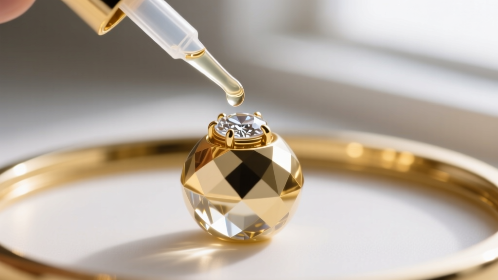 Macro shot of a fine-tipped applicator applying clear jewelry adhesive to a missing pavé stone setting on a gold crystal sphere.