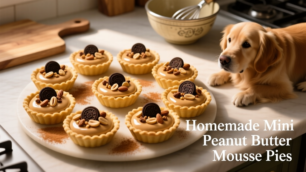 Top-down view of golden mini pie crusts filled with creamy peanut butter mousse and topped with crumbled treats
