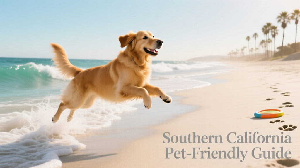 A golden retriever playing on a sunny, wide beach with gentle waves and palm trees in the background