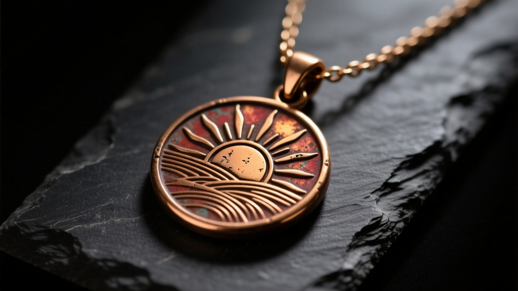 Close-up of a distressed bronze sunrise on the reaping necklace pendant on dark slate, cinematic lighting highlighting engraved details.