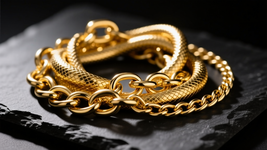 Macro shot of a severely tangled 14k gold rope chain and snake chain, illuminated by directional light on a dark slate surface.