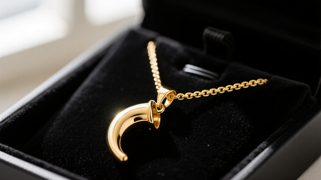 Close-up of a 2.5mm Figaro chain threading through the bail of a gold Italian horn pendant on a dark velvet jewelry display tray.
