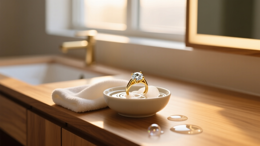 Wooden vanity with a microfiber cloth, bowl of soapy water, and sparkling 18k gold diamond ring under warm natural window light.