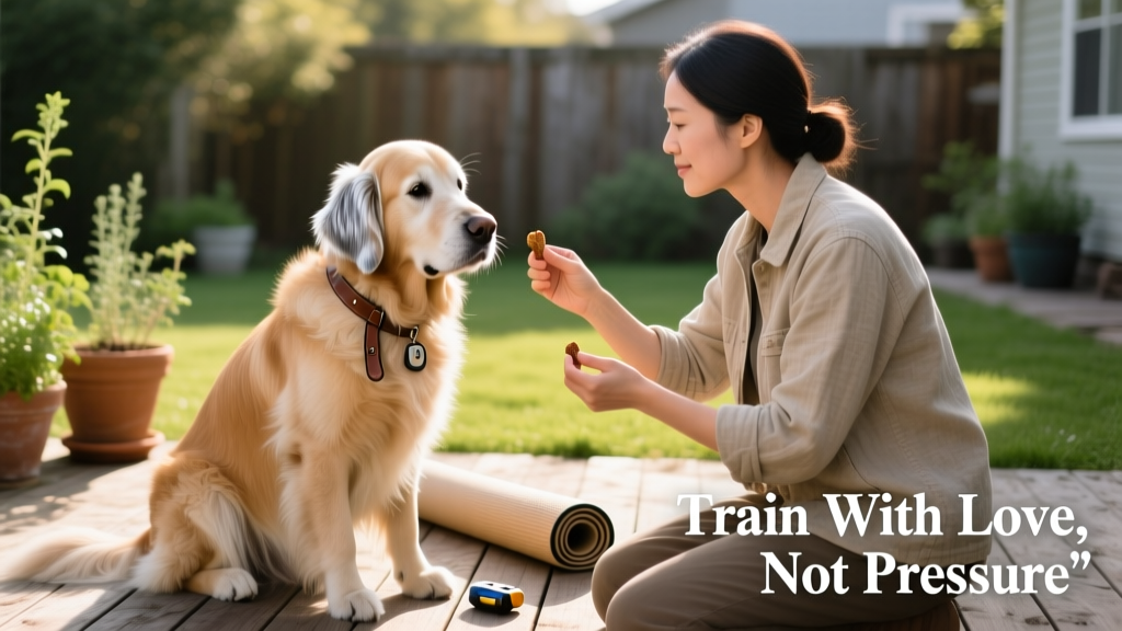 Senior dog sitting calmly beside a trainer during a gentle training session
